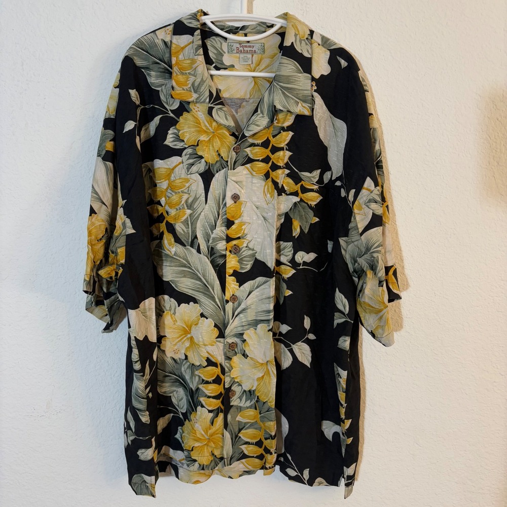Tommy Bahama Silk Floral Button Up Mens XXL Black Yellow